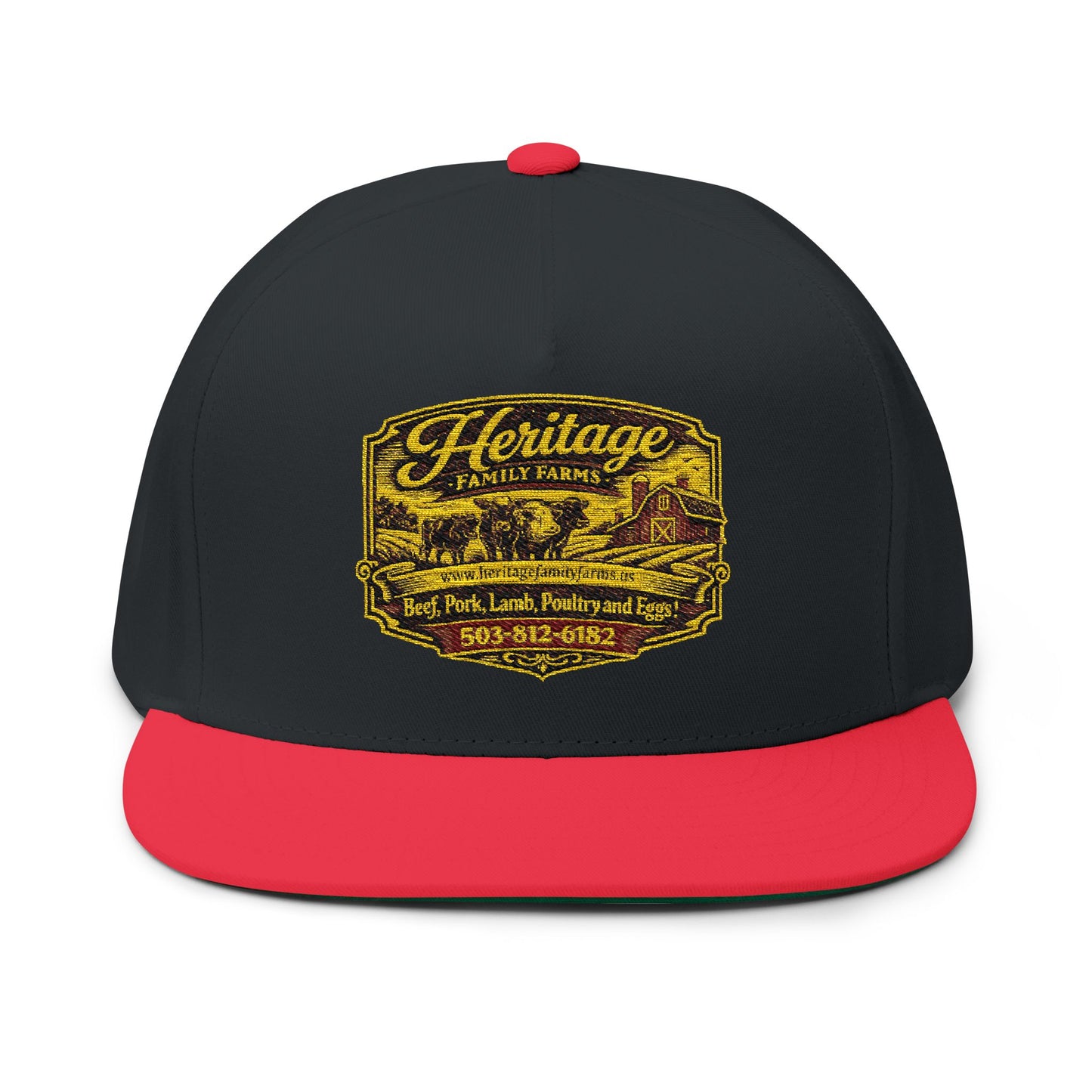 Heritage Family Farms Embroidered Flat Bill Cap — Vintage Farm Logo Snapback